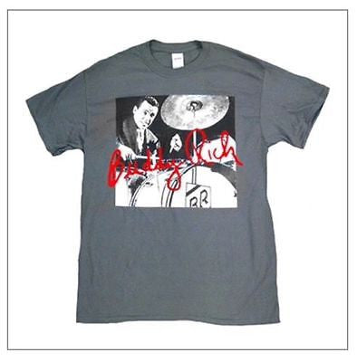 Buddy Rich Action shot tee shirt w/ red signature, traps drum wonder, jazz great